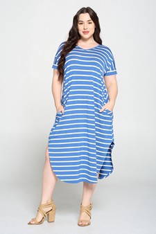 Women's Striped Curved Hem Midi Dress with Pockets