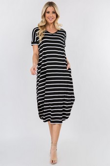 Women's Striped Curved Hem Midi Dress with Pockets