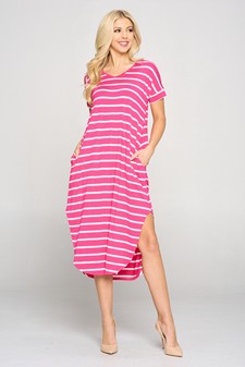 Women's Striped Curved Hem Midi Dress with Pockets