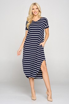 Women's Striped Curved Hem Midi Dress with Pockets