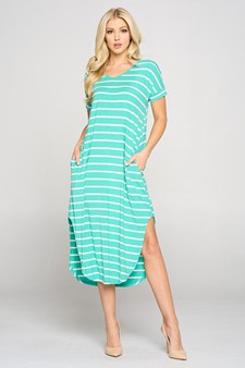 Women's Striped Curved Hem Midi Dress with Pockets