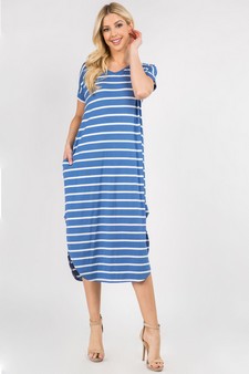 Women's Striped Curved Hem Midi Dress with Pockets style 2