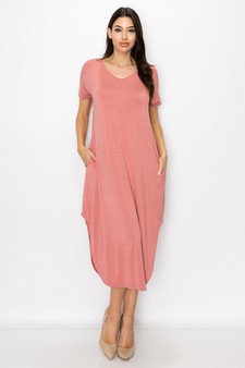 Women's Casual Curved Hem Midi Dress with Pockets