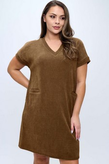 Women's Corduroy V Neck Short Sleeve Dress style 4