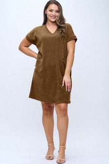 Women's Corduroy V Neck Short Sleeve Dress style 5