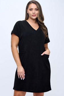 Women's Corduroy V Neck Short Sleeve Dress style 4