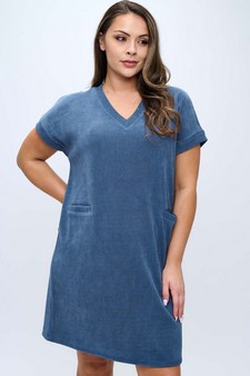 Women's Corduroy V Neck Short Sleeve Dress style 4