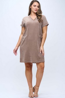 Women's Corduroy V Neck Short Sleeve Dress style 3