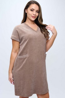 Women's Corduroy V Neck Short Sleeve Dress style 4