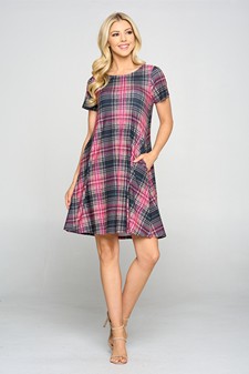 Women's Plaid Short Sleeve A-Line Dress style 5