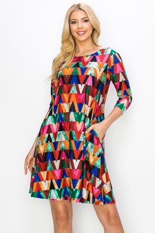 Women's Hypnotic Allusions Zig Zag Print ¾ Sleeve Dress