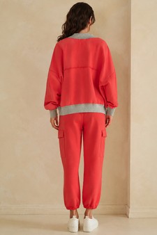 Relaxed Soft Cotton Contrast Trim Open Front Jacket and Cargo Pants Set style 2