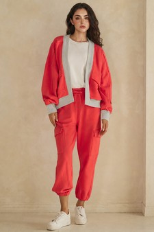 Relaxed Soft Cotton Contrast Trim Open Front Jacket and Cargo Pants Set