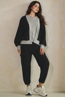 ETA 07/10/26 - Relaxed Soft Cotton Contrast Trim Open Front Jacket and Cargo Pants Set