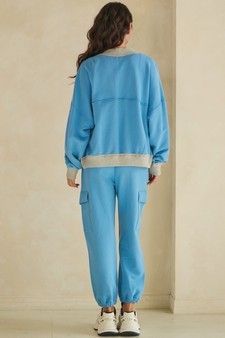 Relaxed Soft Cotton Contrast Trim Open Front Jacket and Cargo Pants Set style 2