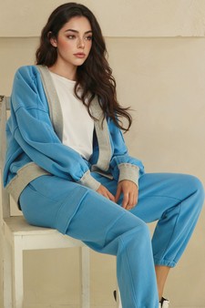 Relaxed Soft Cotton Contrast Trim Open Front Jacket and Cargo Pants Set style 4