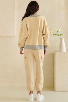 ETA 07/10/26 - Relaxed Soft Cotton Contrast Trim Open Front Jacket and Cargo Pants Set style 2