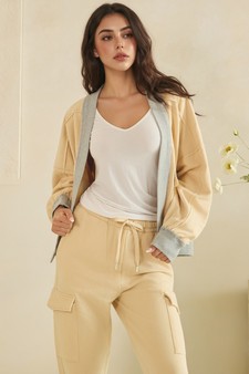 ETA 07/10/26 - Relaxed Soft Cotton Contrast Trim Open Front Jacket and Cargo Pants Set style 4