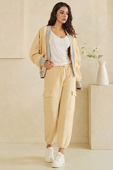 ETA 07/10/26 - Relaxed Soft Cotton Contrast Trim Open Front Jacket and Cargo Pants Set style 5