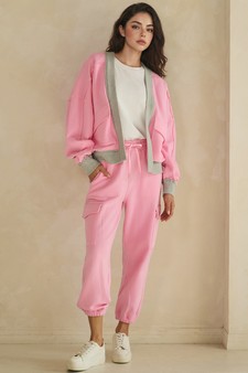 Relaxed Soft Cotton Contrast Trim Open Front Jacket and Cargo Pants Set