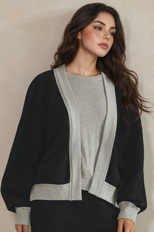 ETA 07/23/26 Relaxed Soft Cotton Contrast Trim Open Front Jacket