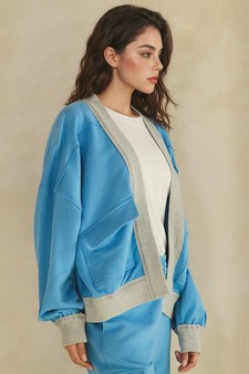 ETA 06/18/26 Relaxed Soft Cotton Contrast Trim Open Front Jacket style 3