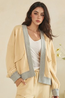 ETA 07/23/26 Relaxed Soft Cotton Contrast Trim Open Front Jacket style 4