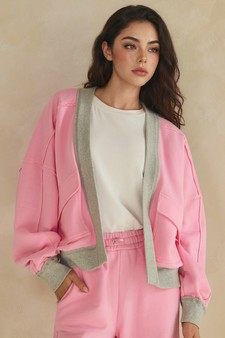 ETA 06/25/26 Relaxed Soft Cotton Contrast Trim Open Front Jacket style 4