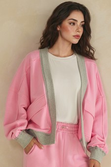 ETA 06/25/26 Relaxed Soft Cotton Contrast Trim Open Front Jacket