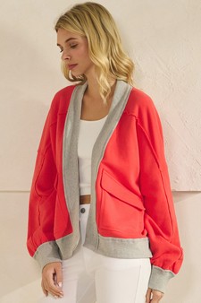 ETA 06/25/26 Relaxed Soft Cotton Contrast Trim Open Front Jacket style 3