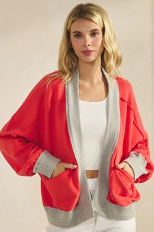 ETA 06/25/26 Relaxed Soft Cotton Contrast Trim Open Front Jacket style 4
