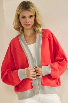 ETA 06/25/26 Relaxed Soft Cotton Contrast Trim Open Front Jacket