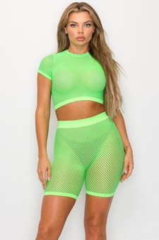 Women's Solid Short Sleeves Fishnet set