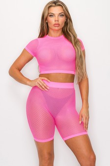 Women's Solid Short Sleeves Fishnet set