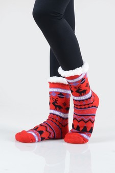 Women's Faux Sherpa Reindeer Argyle Christmas Slipper Socks