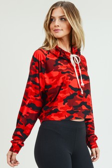 Women's Camouflage Drawstring Cowl Neck Crop Top