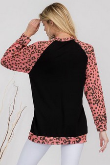 Women’s Contrast Pink Cheetah French Terry Long Sleeve Top style 3