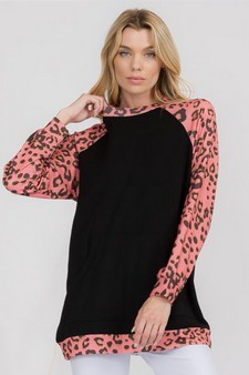 Women’s Contrast Pink Cheetah French Terry Long Sleeve Top