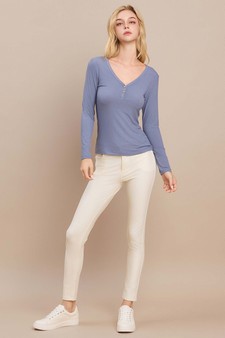 Long Sleeve Ribbed V Neck Top with Buttons style 5