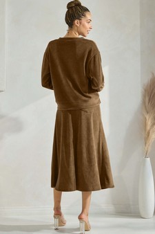 Women's Corduroy V Neck Top & Flared Skirt Set style 2
