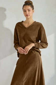 Women's Corduroy V Neck Top & Flared Skirt Set style 4