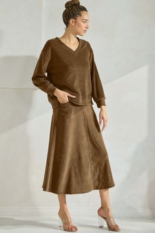 Women's Corduroy V Neck Top & Flared Skirt Set style 5