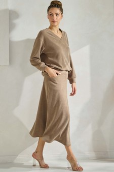 Women's Corduroy V Neck Top & Flared Skirt Set style 3