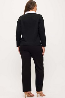 Women's Classic Collared Two-Tone Top and Wide-Leg Pants Set style 2