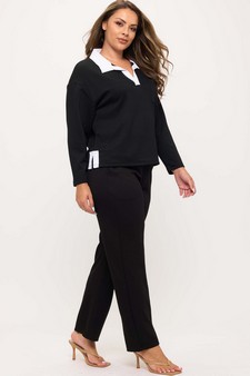 Women's Classic Collared Two-Tone Top and Wide-Leg Pants Set style 3