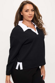 Women's Classic Collared Two-Tone Top and Wide-Leg Pants Set style 4