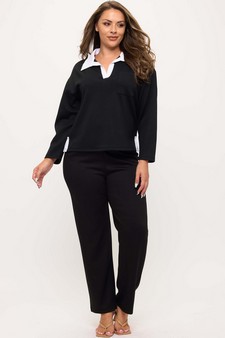 Women's Classic Collared Two-Tone Top and Wide-Leg Pants Set