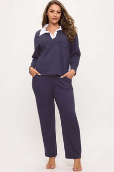 Women's Classic Collared Two-Tone Top and Wide-Leg Pants Set