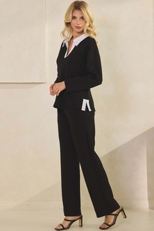Women's Classic Collared Two-Tone Top and Wide-Leg Pants Set style 3