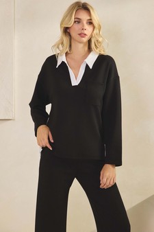 Women's Classic Collared Two-Tone Top and Wide-Leg Pants Set style 4